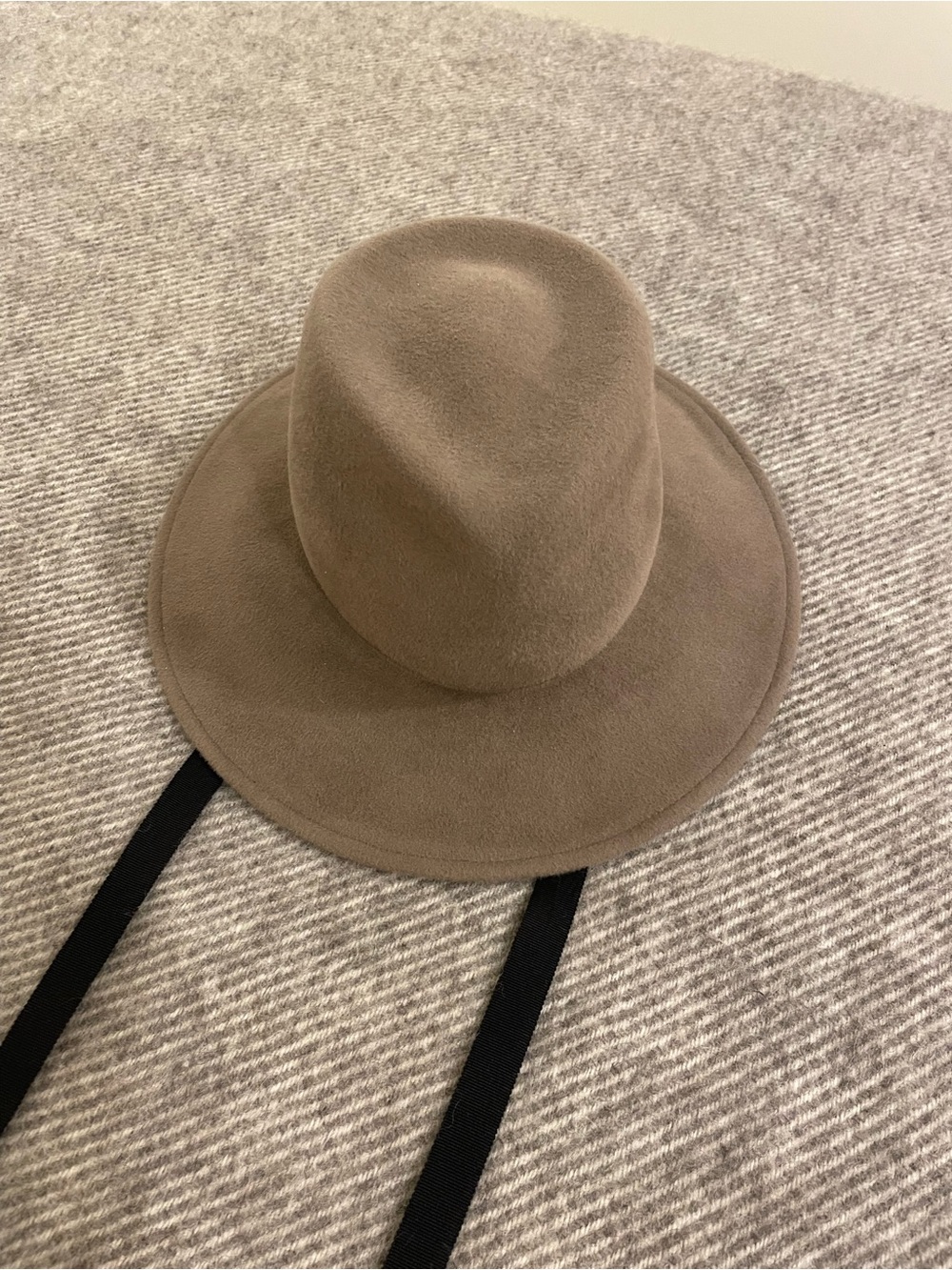 Behida Dolic Millinery Wide Brim Felt Hat in Taupe with Black Chin Strap